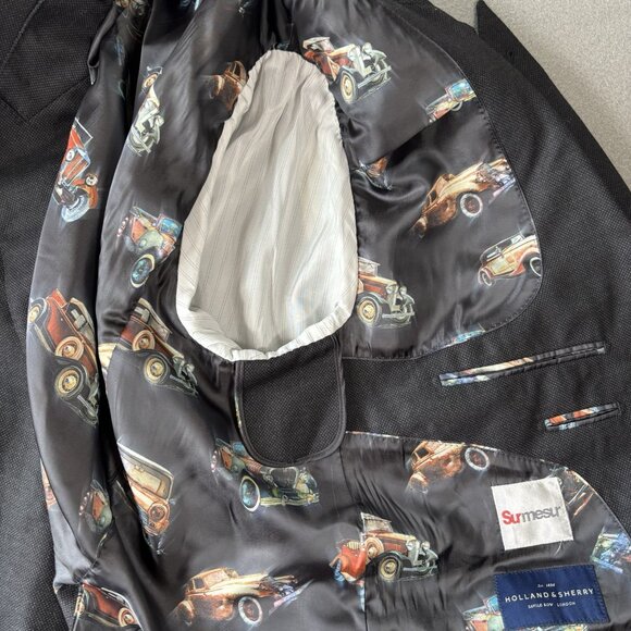 Holland & Sherry Blazer Men’s XXL Black Wool Sport Coat Car Print Lining Luxury - Picture 15 of 16
